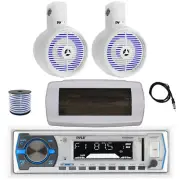 Pyle Bluetooth Marine Radio,Cover, Antenna,Wire, 2x 8" 300W LED White Speaker