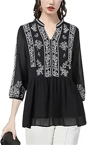 [Generic] Vintage Embroidered Women Chiffon Blouse Loose Plus Size V-Neck Short Sleeve Spring Summer Tops