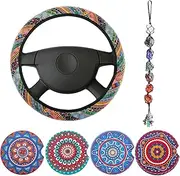 6 Piece Mandala Car Accessories Set - Boho Steering Wheel Cover, Absorbent Mandala Ceramic Coasters, Handmade Crystal Window Hanging Ornaments for Women's Car Decor