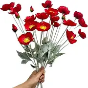 Urier Poppies Flowers Artificial,Ranunculus Artificial Flowers,Silk Flowers with Stems,Faux Flower Stems for Wedding,Party,Garden Outdoor Indoor Decor Flower Arrangements for Table (6, Red)