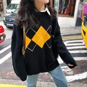 Crew-Neck Argyle Oversized Sweater Navy Blue - One Size