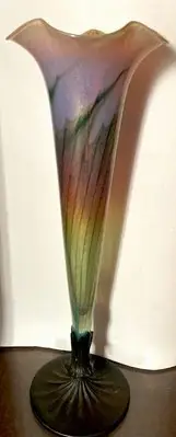 Lundberg Studios 1994 Flared Rim Art Glass Vase 17 Inches Tall Bronze Base Vase