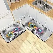 Cute Puppy Glasses Colorful Kitchen Mats for Floor, 2 Piece, Funny Cute Washable Non-Slip Kitchen Rugs Set for Home & Office, Sink, Laundry, 19.7” x 27.6” + 19.7” + 47.2”