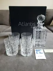 New Rare - Atlantis Crystal Whiskey Set Plaid Pattern! Heavy Weight - Portugal