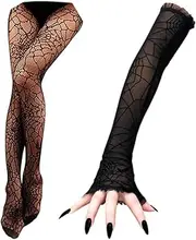 [Yinxiang Jie] 2 Pair Spider Cosplay Kit - Halloween Web Long Fingerless Gloves and Stockings for Party Supplies