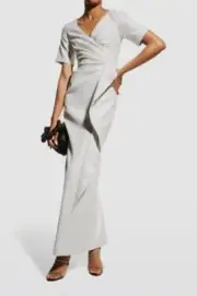 $395 Aidan Mattox Women's Silver V-Neck Pleated Slit Back Gown Dress Size 2