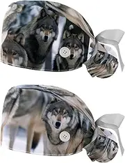 [YTYVAGT] 2-Pc,Nurse Scrub Caps,Scrub Hats with Buttons and Cotton Sweatband,Wolf in The Snow Animal Pattern