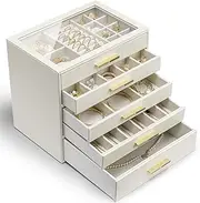 Vlando Jewelry Box for Women Girls,Jewelry Organzier,5 Drawers,Glass Lid Jewelry Organizer Storage for Gem Diamond Necklaces Rings Earrings Bracelets White