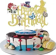 Rsstarxi 1 Pack Alice in Wonderland Cake Topper Alice in Wonderland Party Decorations Key Fairy Magic Tea Cake Pick for Baby Shower Happy Birthday Party Cake Decorations Gold