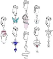 [ORAZIO] 8 PCS Fake Belly Ring For Women Fake Belly Piercing Dangle Clip On Belly Button Rings CZ Snake Butterfly Faux Belly Button Piercing Stainless Steel Fake Navel Rings Non Pierced