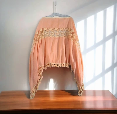 Pretty Angel Womens Poncho Top One Size Orange Embroidered Tassels Linen Blend