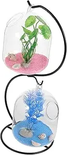 Kisangel 1 Set Hanging Glass Fish Tank Mini Table Aquarium with Iron Stand Clear Betta Fish Bowl Space Saving Desktop Decor Includes Decorative Items for Elegant