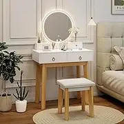 Giantex 2-in-1 Dressing/Computer Table Stool Set, Makeup Desk Dresser w/Adjustable LED Makeup Mirror & Jewelry Storage Drawers, 3 Color Lighting Modes, Modern Bedroom Vanity Table for Kids Women