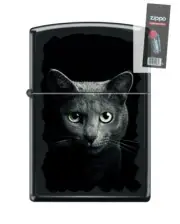 Zippo 82225 black cat green eyes russian blue Lighter + FLINT PACK