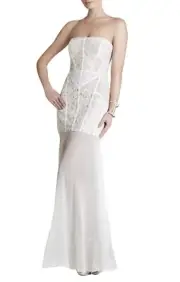 NWT 12 BCBGMAXAZRIA VIVIENNE LACE-BLOCKED Strapless Maxi Chiffon Dress White