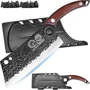 XYJ Meat Cleaver 7.5 Inch, Hand Forged Kitchen Knife with Finger Hole, High Carbon Steel Blade, Vegetable Meat Cutting, Full Tang, Butcher Knife for Outdoor Camping, BBQ