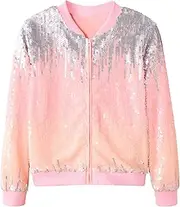 [Lovekider] Girls Sequin Jacket Glitter Long Sleeves Gradient Ombre Bomber Coat with Ribbed Cuffs for 4-12 Years Kids