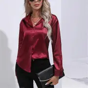 Spring Autumn Satin Blouse Imitation Silk Long Sleeve Shirt for Women's Plus Size Loose Tops burgundy M