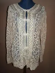 SHS 100% Acrylic Light Gold Beaded Soutache Ribbon Mesh Jacket One Size NWT