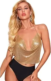 [Generic] Women Metal Sequin Sparkle Glitter Tank Deep V Neck Spaghetti Strap Backless Chain Halter Tops Party Blouse