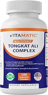 Vitamatic Tongkat Ali Extract 200 :1 (Longjack) Eurycoma Longifolia - 1800 mg Per Serving - Made with Fadogia Agrestis 20:1 Extract, Tribulus 95% & Panax Ginseng - 180 Capsules