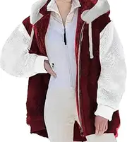 [Qolkmuiy-GJ] Women Casual Plus Size Fleece Jacket Sherpa Hoodie Lined Zip Up Outwear Winter Plush Teddy Bear Coat with Hood (Red,XXL), Red, XXL