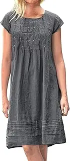 [Generic] Linen Dress for Women Summer Pleated Mini Sundress Short Sleeve Casual Beach Vacation Outfit