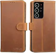 [Lensun] Genuine Leather Case for Samsung Galaxy S21 Ultra, Mobile Phone Case [Genuine Leather] [Magnetic Closure] [RFID] Mobile Phone Case Leather Case for Galaxy S21 Ultra 5G - Vintage Brown