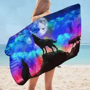 Full Moon Night Wolf Pack Microfiber Beach Towel