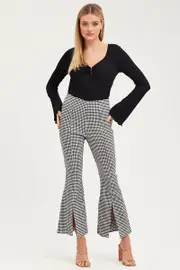 Check Flare Pants High Rise Front Split - Size 12, Women's Flare