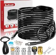 100 FT Sewer Jetter Kit for Pressure Washer, 5800 PSI High-Pressure Drain Cleaning Hose, 1/4 Inch NPT with 3 Nozzles, Watertight Tape, Handle Strap & 2 Spanners, Drain Cleaning Solution