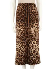 Brown Wool Leopard Print Midi Skirt