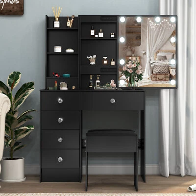 Black Vanity Set Dressing Table with 10 LED Sliding Mirror & Stool & 6 Drawers