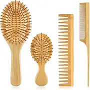EKONAER 4 PCS Bamboo Hair Brush Set With Natural Wooden Wide-tooth and Tail Comb Big and Mini Paddle Detangling Hairbrush for Women men kids and Baby Thick Thin Curly Straight Dry