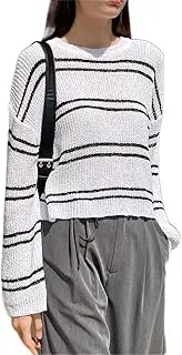 [DANCOLOR] Striped Pattern Drop Shoulder Sweater Loose Oversized Chunky Knitted Pullover Sweater Jumper Tops Crew Neck