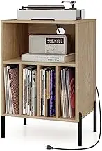 Giantex Record Player Stand, Turntable Stand with Record Storage Shelf, Metal Legs, Charging Station & USB Port, Vinyl Record Storage Cabinet, Record Player Table for Living Room, Bedroom, Office