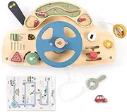 IEATFO Wooden Montessori Busy Board for 1 2 3 4 Year Old, Steering Wheel Toy, Sensory Activity Board for Fine Motor Skills, Travel Busy Boards Educational Sensory Toys to Baby, Toddlers