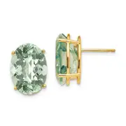 14k Yellow Gold 14x10 Oval Checker-Cut Green Quartz Earrings