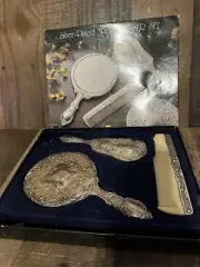 NIB Elegant Vintage Silver Plated Vanity Dresser Set: Brush, Mirror & Comb Heavy