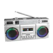 Laser 80s Bluetooth BoomBox Silver Retro Speaker with Lights Radio USB SD