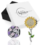 Boxed Solid 925 Sterling Silver Dual Tone Heart Shape and Sunflower Charms