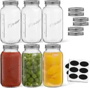 32 Oz Mason Jars with Lids, Labels and Measures! 6-Pack Regular Mouth Mason Jars