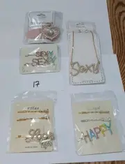 Lot New 5 Pc Hair Barrett Clips & Jewelry Gift Bag White Elephant Grab Bag #17