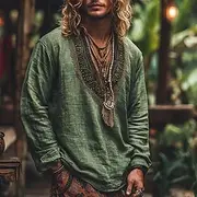 Men's Shirt Linen Shirt Viking Style Popover Shirt Summer Shirt Beach Wear Geometric Vacation Street Yellow Purple Green Long Sleeve V Neck Summer Spring Cloth