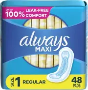 Always Maxi Daytime Pads Without Wings, Size 1, Regular, Unscented, 48 CT