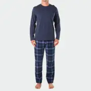 New Men's Miles Check Cotton Flannel Long Pyjama Set - Navy by Mitch Dowd
