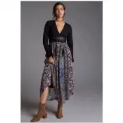 Anthropologie Abstract V-Neck Maxi Dress Long Sleeve Mixed Print Sz 6 NWT