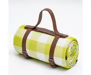 Foldable Waterproof Picnic Blanket for Outdoors with Luxury PU Leather Carrier Large 3 Layered Picnic Rug Mat - Green Gingham