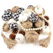 24 Pcs Mixed Artificial Fake Pumpkins White Plaid Fabric Burlap Pumpkins 12 P...