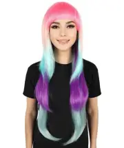 HPO Women Neon Colorful Cosplay Wigs - Long Smooth Hairpiece with Fringe Layers